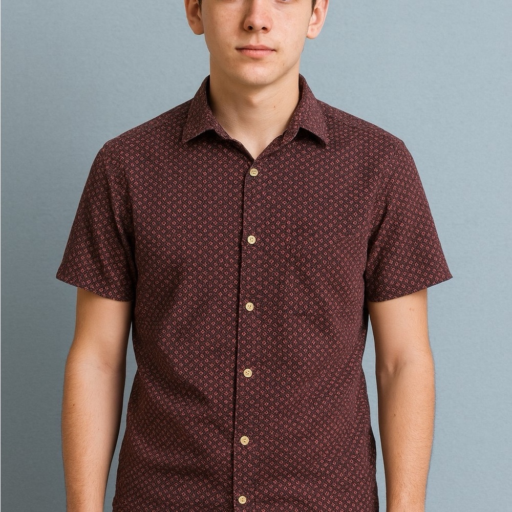 Cactus Men's Maroon Geometric Short Sleeve Shirt (k1)